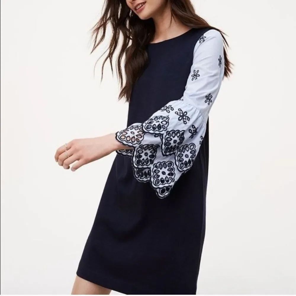 Loft Navy Striped Mini Dress Embroidered Bell Sleeve Boho S Cottagecore Preppy